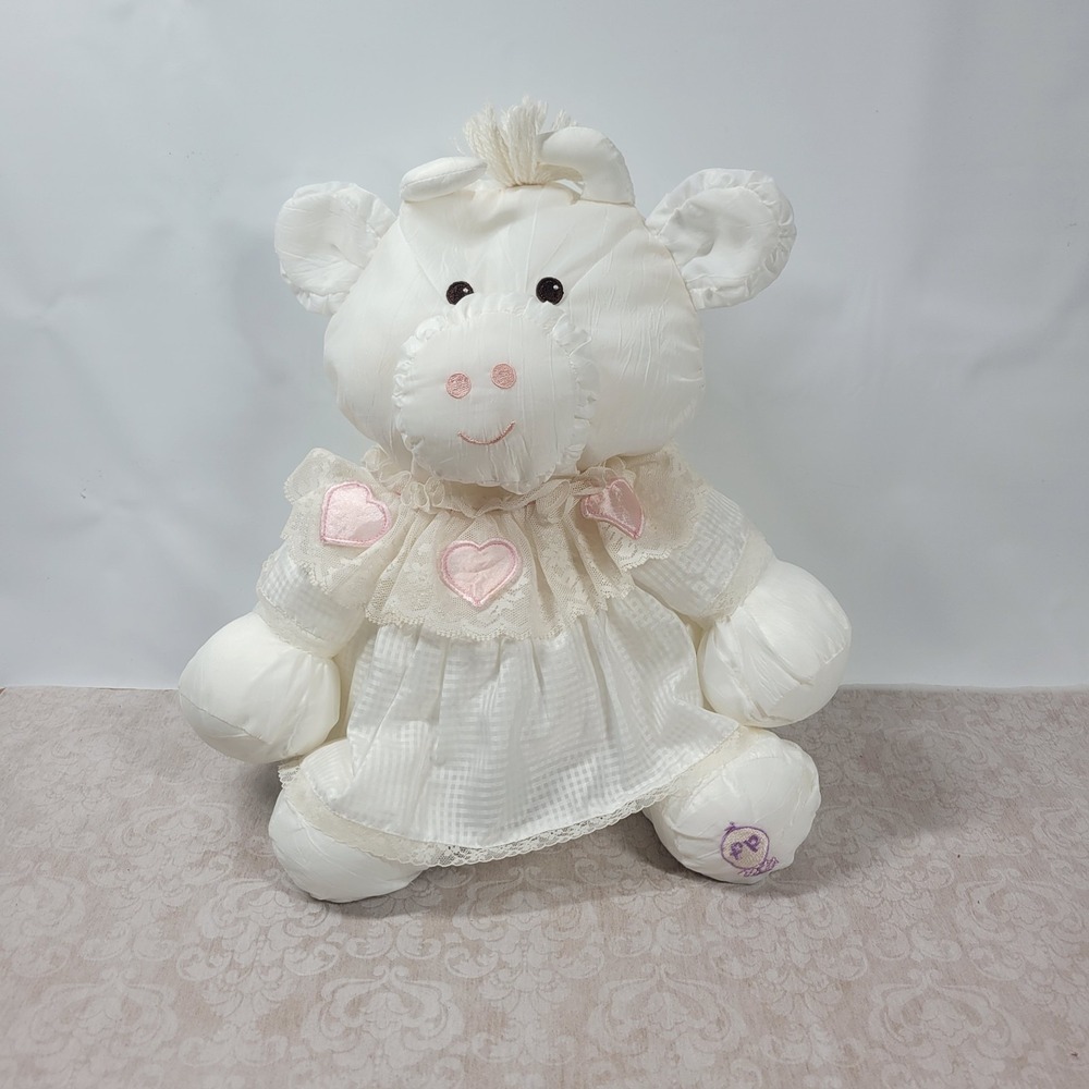 Fisher Price 1986 Vintage Puffalump White Cow 16" Nylon Plush Pink Heart Collar